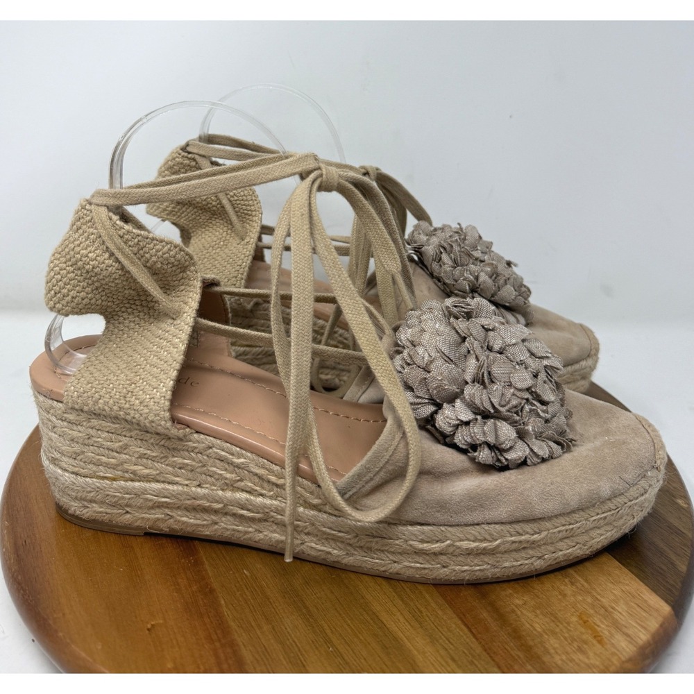 Kate Spade Lafayette Espadrille Beige Suede Pom Pom Lace Up Wedge Sandals 11M